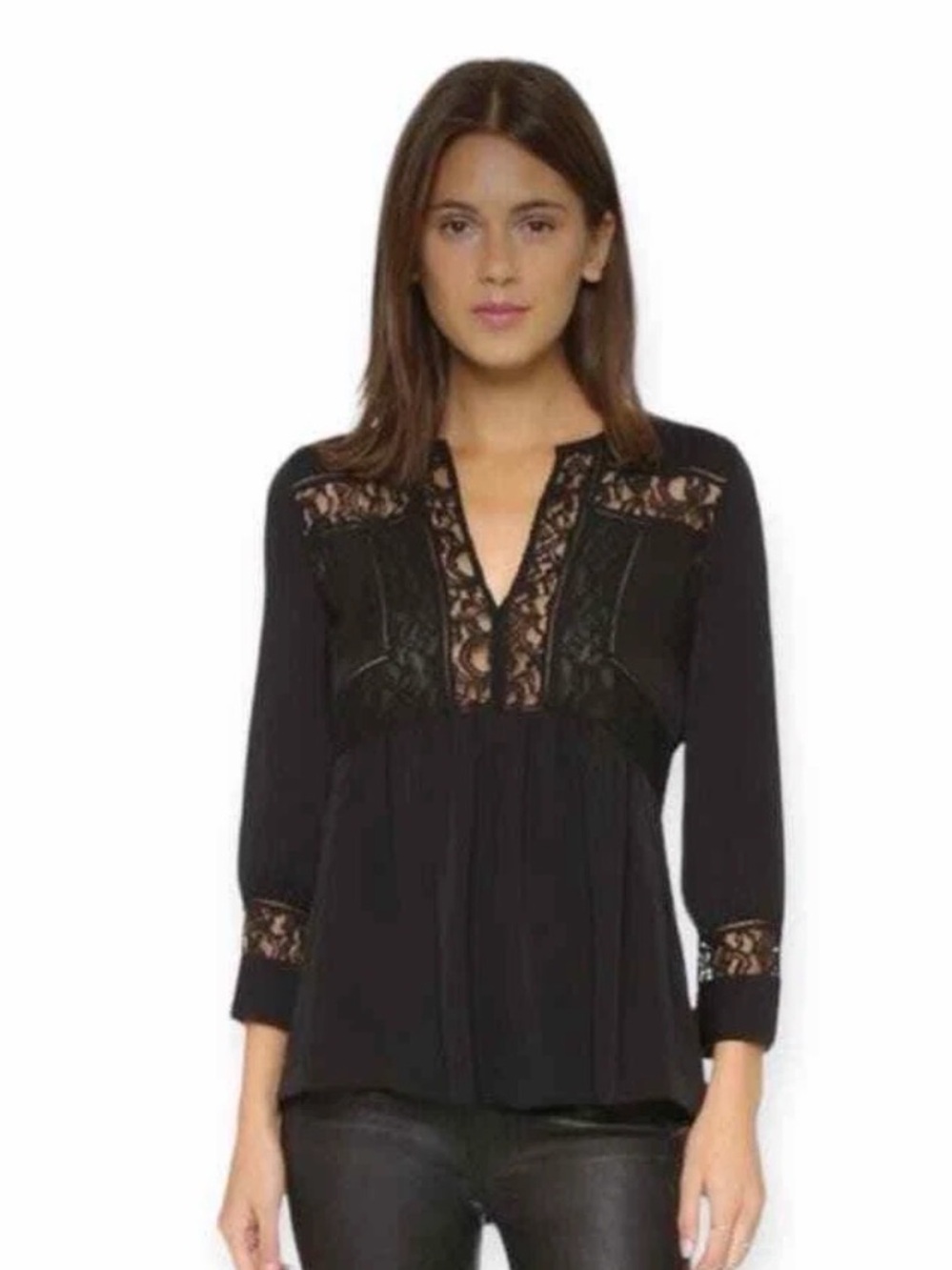 Rebecca Taylor Black Lace V-Neck Silk Blouse